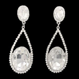 Large Clear Stone Oval Halo Teardrop Formal Fancy Silver Post Drop Earrings